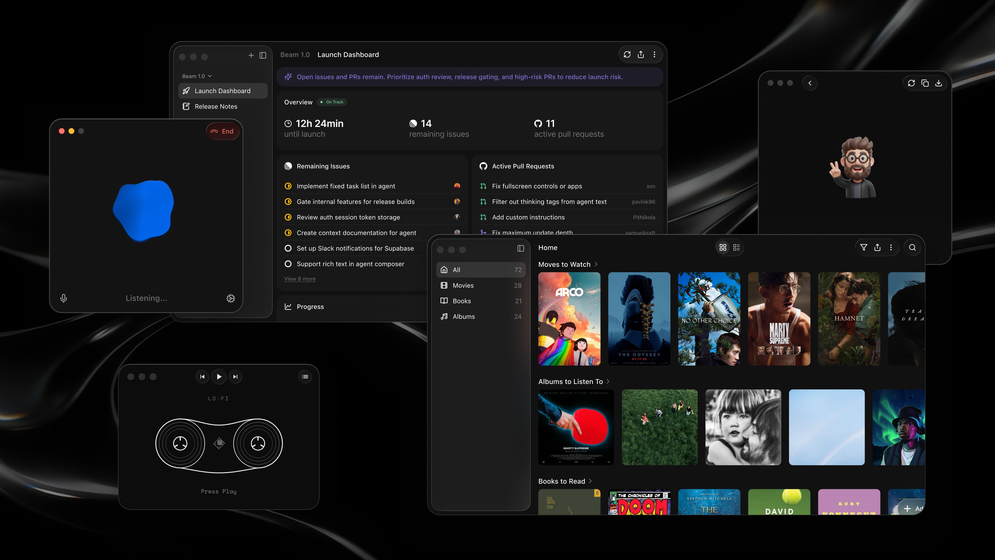 Screenshot showing several Glaze-created apps in use