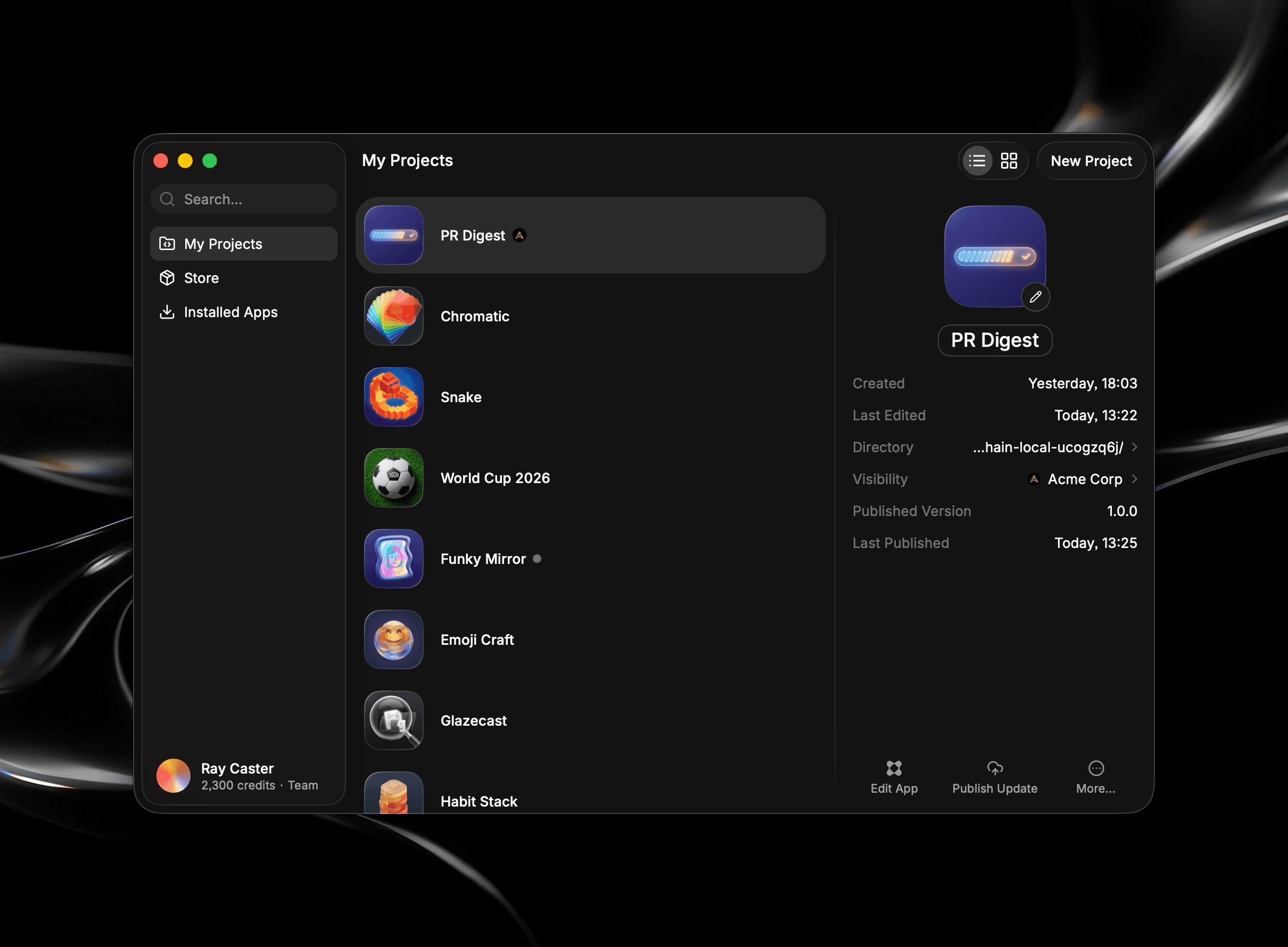 The My Projects tab in Glaze showing your projects