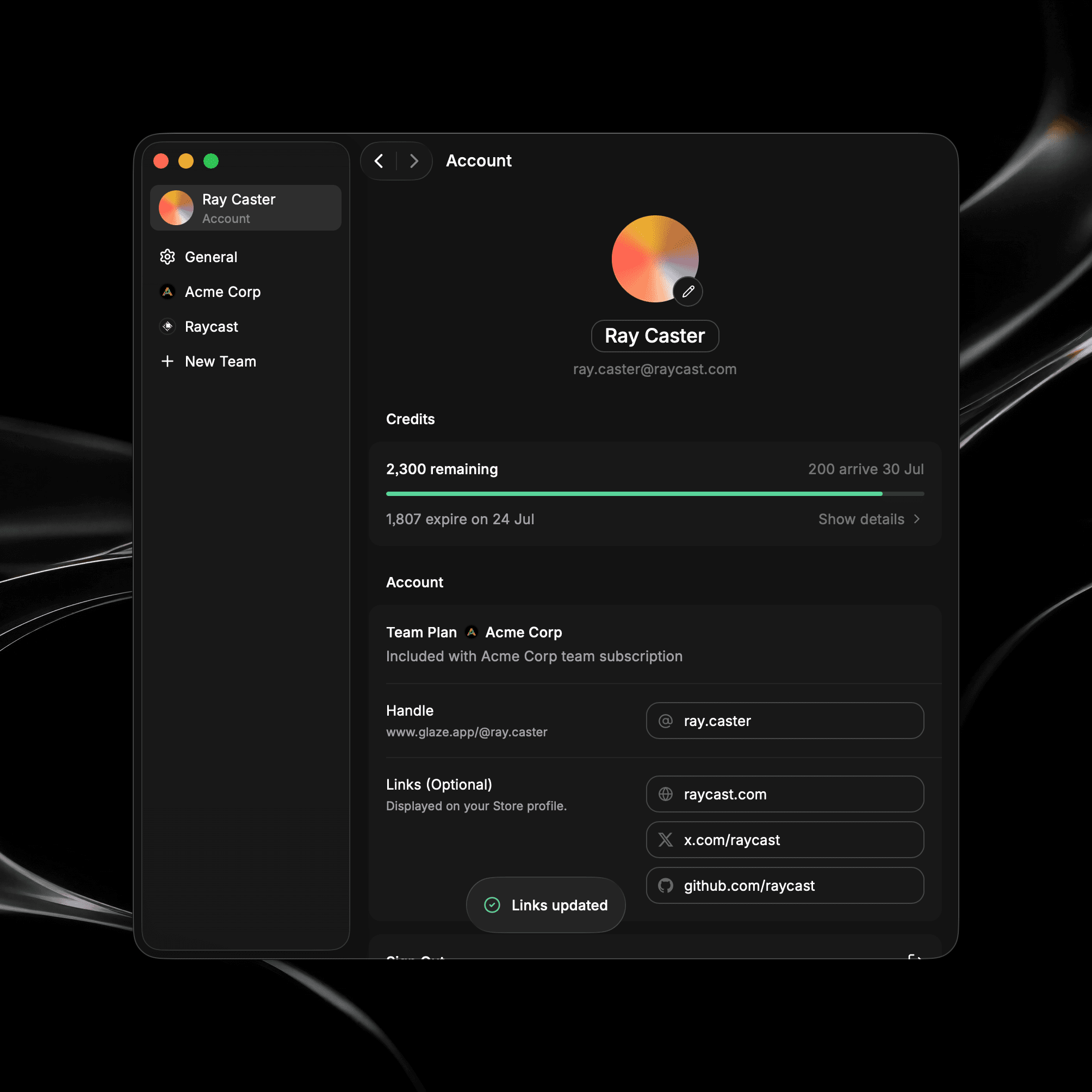 The Account tab in Glaze Settings showing your profile, plan, and credits