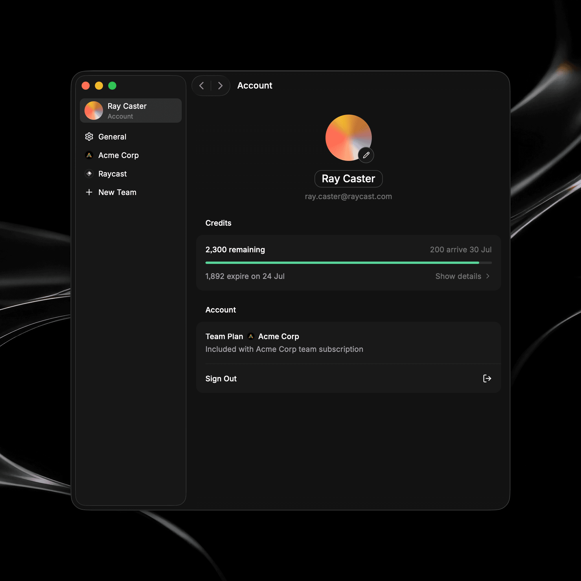 The Account tab in Glaze Settings showing your profile, plan, and credits