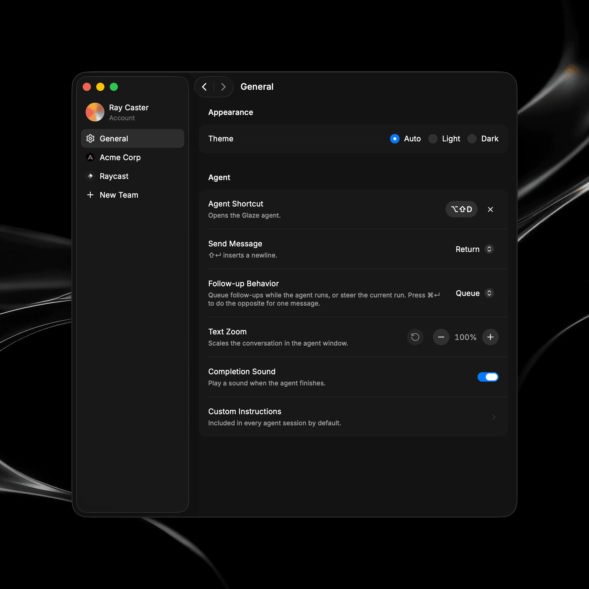 The General tab in Glaze Settings with Appearance and Agent sections