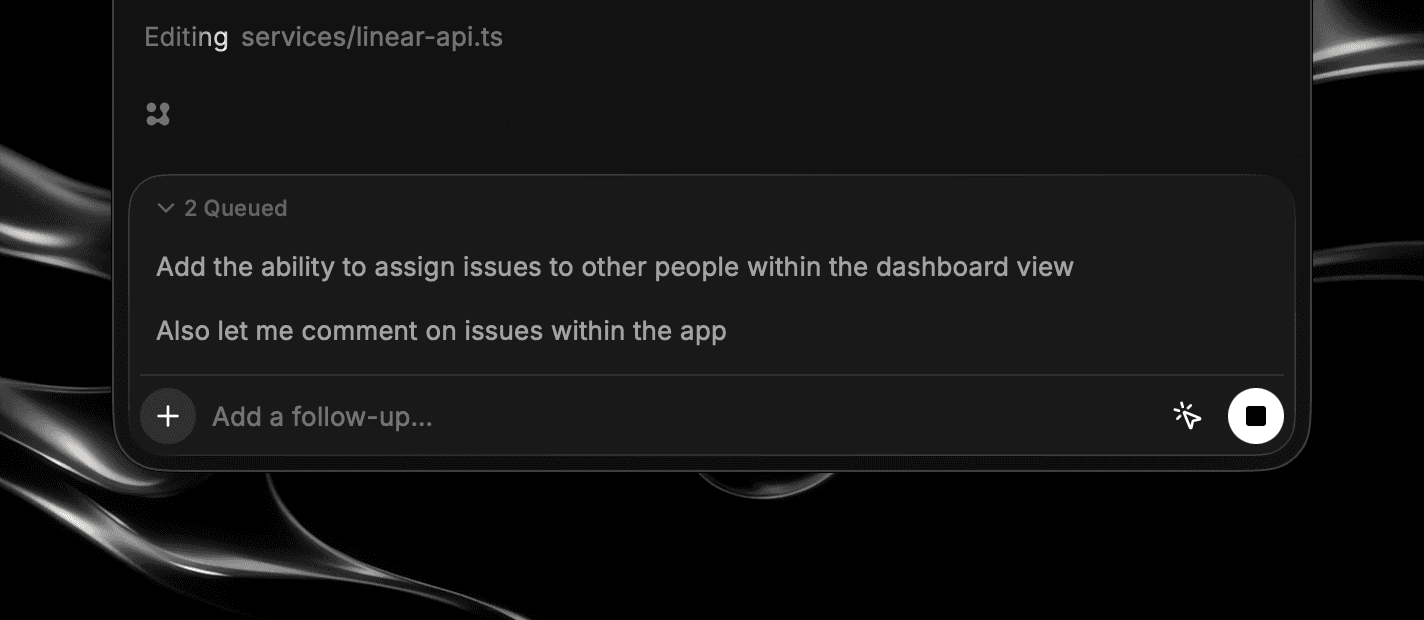 A queued follow-up message above the composer in Agent Chat