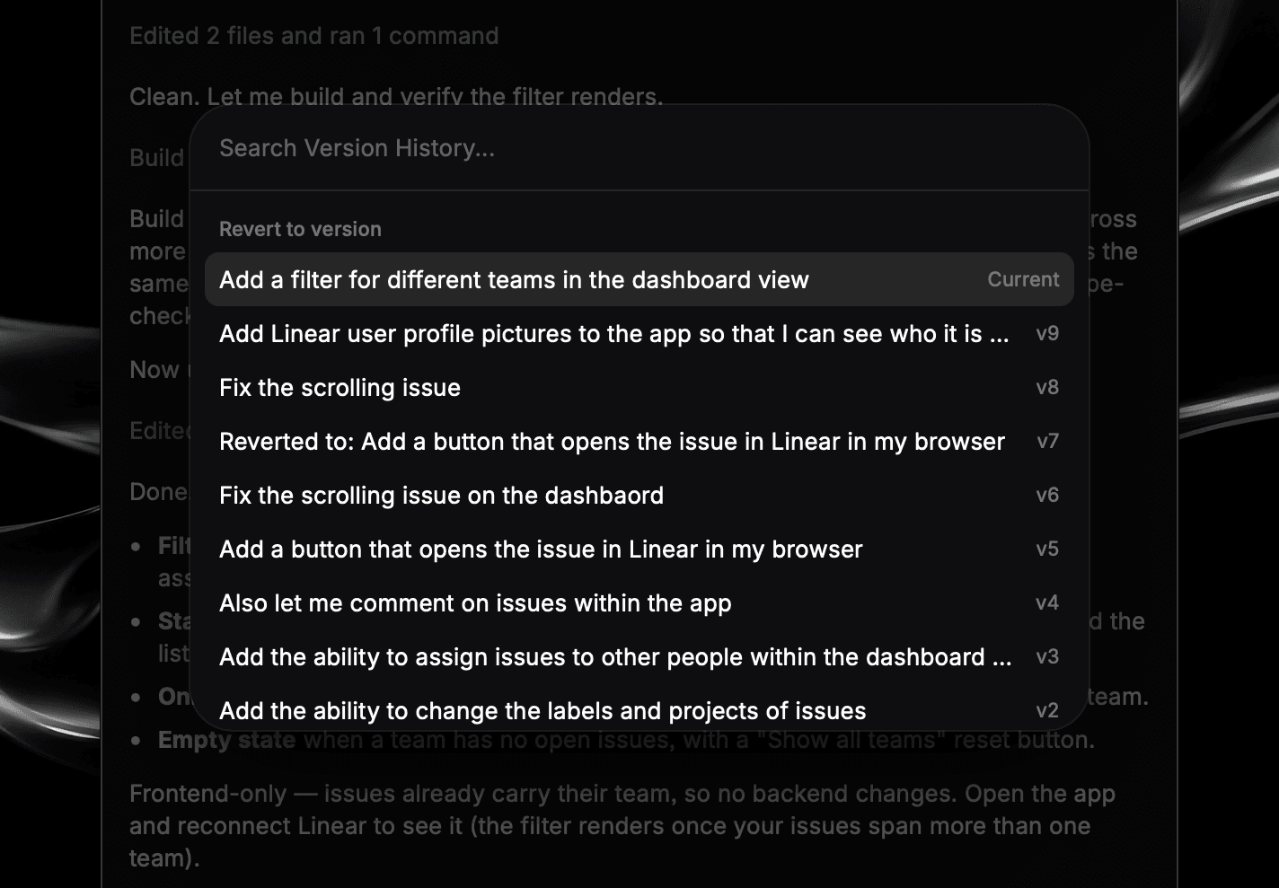 The version history dialog listing versions newest first